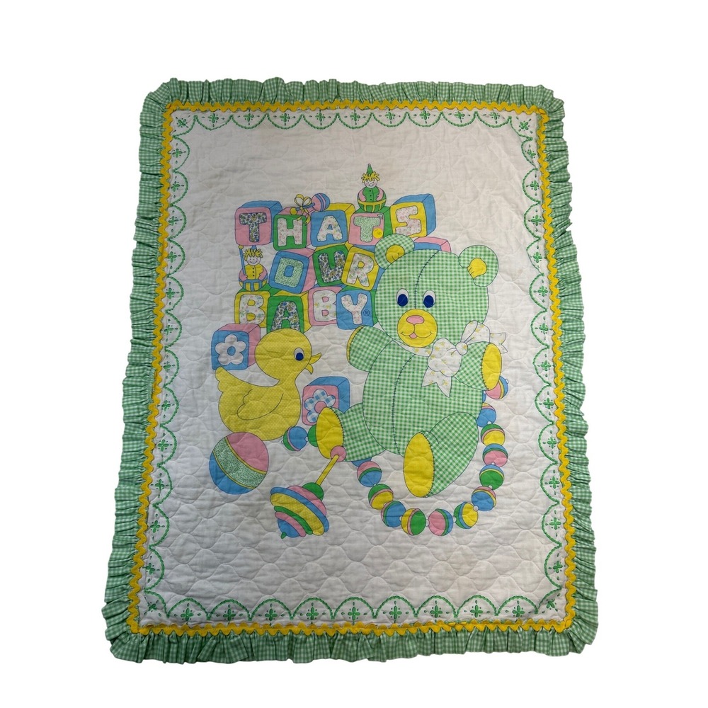 Vtg 80's Quilted Baby Blanket Wall Decor That's Our Baby Blocks Bear Duck 40x31